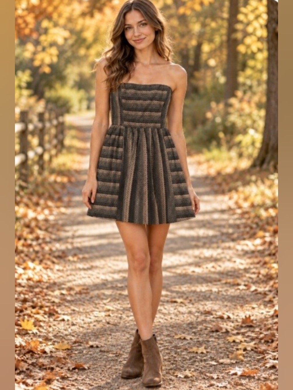 Anthropologie Strapless Mini Dress in Brown and Tan